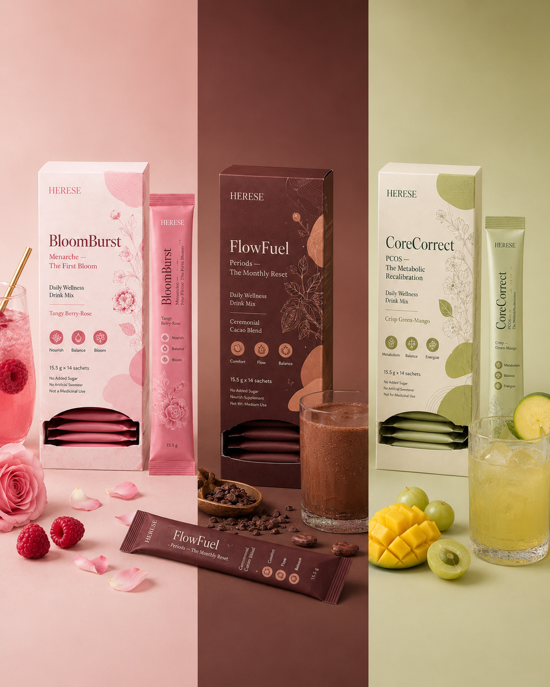 HERESE BloomBurst, FlowFuel, and CoreCorrect ritual products