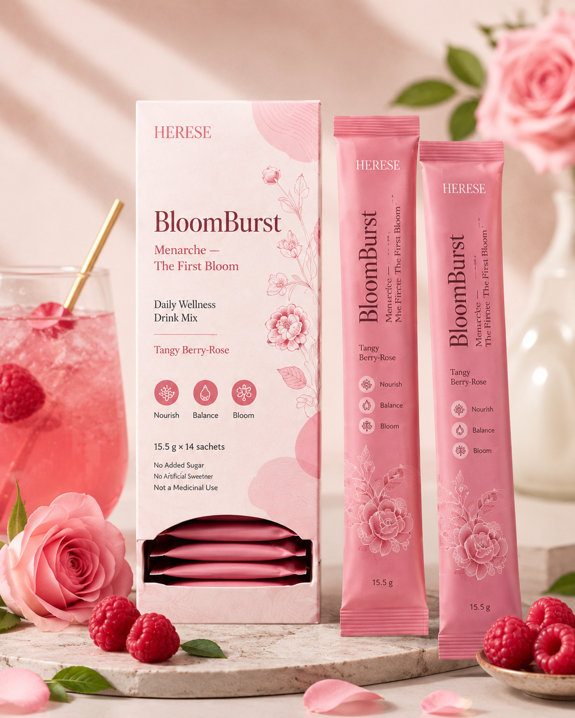 HERESE BloomBurst product box and ritual sachets