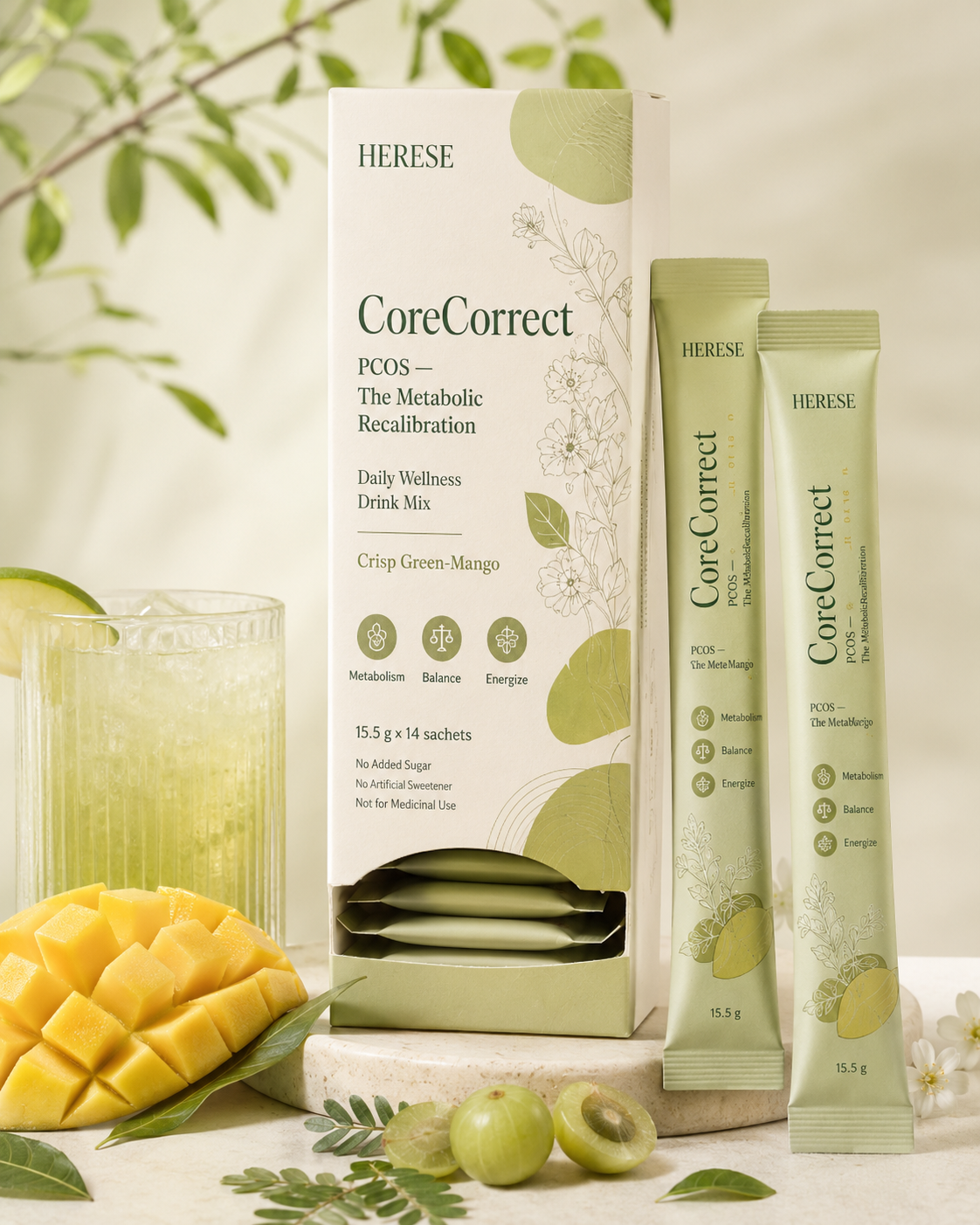HERESE CoreCorrect product box and ritual sachets