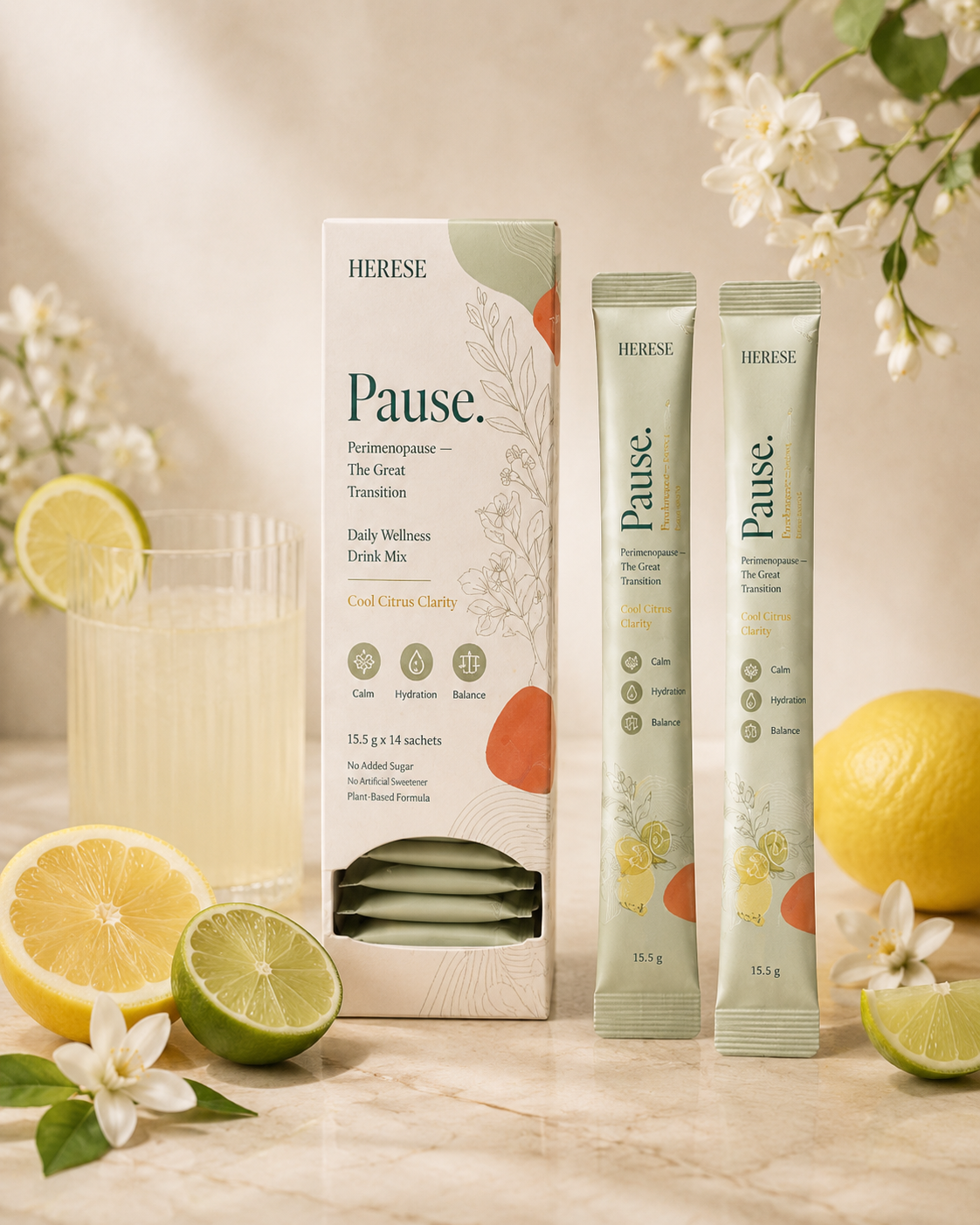 HERESE Pause product box and ritual sachets