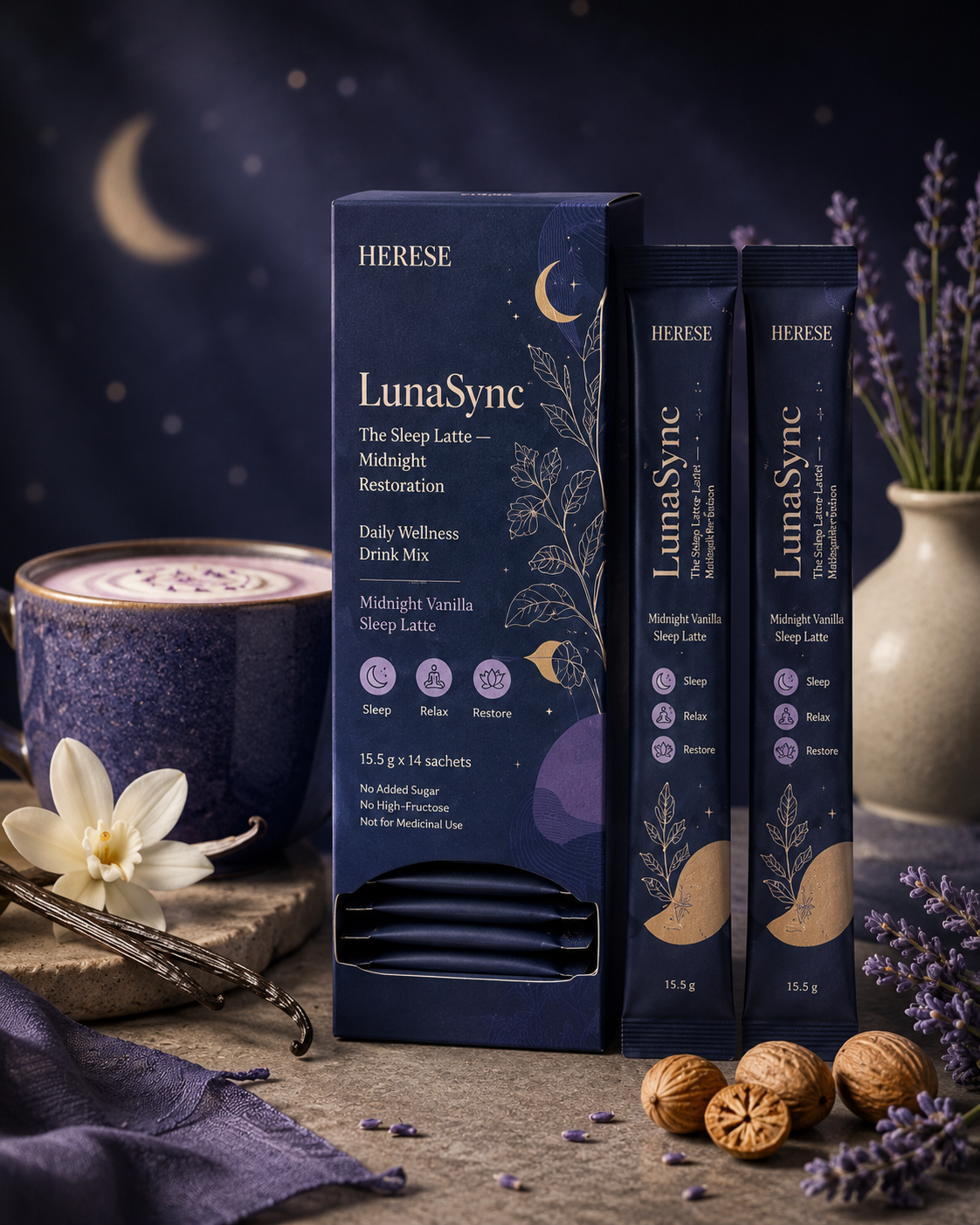 HERESE LunaSync product box and ritual sachets